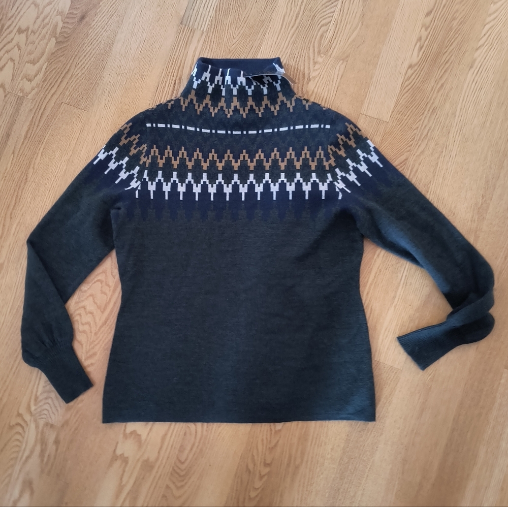 Icelandic Designs Quinn Green Navy Blue White Gold Wool Turtleneck Sweater Large